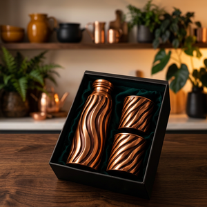 Luxury Copper Bottle and <b>2</b> <b>Cup</b> Gift Set Modern Wavy Design <b>Flask</b> Portable Business Gift Box - Product Image 1