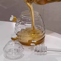 Pot de miel en verre décoré d'abeille fait à la main avec couvercle et cuillère en forme de nid d'abeille pour la cuisine pour la nourriture