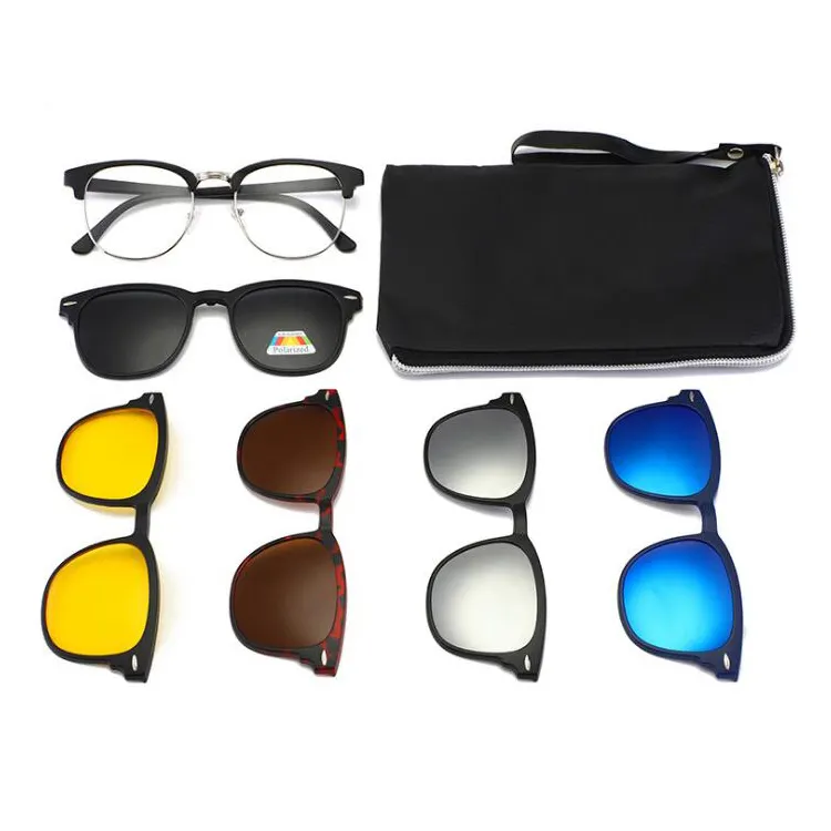 Armações de óculos magnéticos para homens e mulheres, óculos de sol com visão noturna, 5 em 1, lentes polarizadas com clipe para sol
