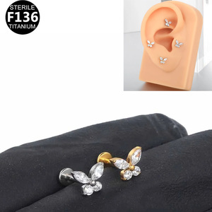Boucle d'oreille en zircon papillon 16G 1,2 mm 8 mm en titane pur, bijoux de piercing unisexe - Product Image 2