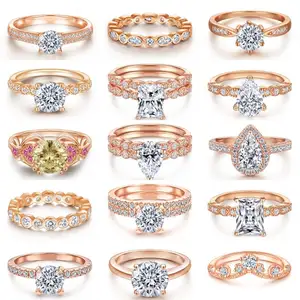 209定制时尚精品珠宝玫瑰金电镀S925锆石钻石公主切割结婚订婚戒指批量女性