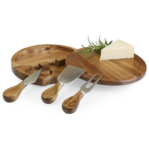 Set di taglieri rotondi in acacia con coltello, forchetta e spatola, tagliere in legno per servire e preparare formaggi - Product Image 3