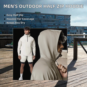 Sweat à capuche pour homme, sport de plein air, demi-zip, tissu tissé, motif uni, automne, fitness, coupe ample, col à capuche, imperméable - Product Image 2