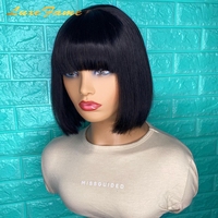 Perruque Courte Brésilienne en Cheveux Humains, Perruque Vierge en Dentelle avec Frange, Vente en Gros de Perruques en Cheveux Humains Vierge Brésiliens