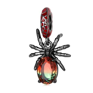 100% 925 Sterling Silver Delicate Punk Black Red Spider Pendant Animal Charm Beaded Fit Original Bracelet Fine Jewelry SCC2292