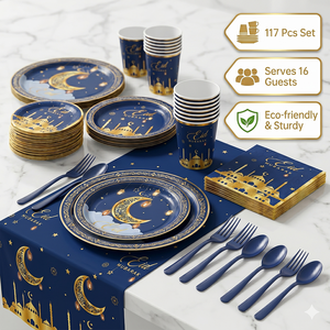 Ensemble de vaisselle de fête du Ramadan de haute qualité et résistant - 117 pièces, assiettes et couverts jetables dorés Eid Mubarak, ensemble de célébration - Product Image 2