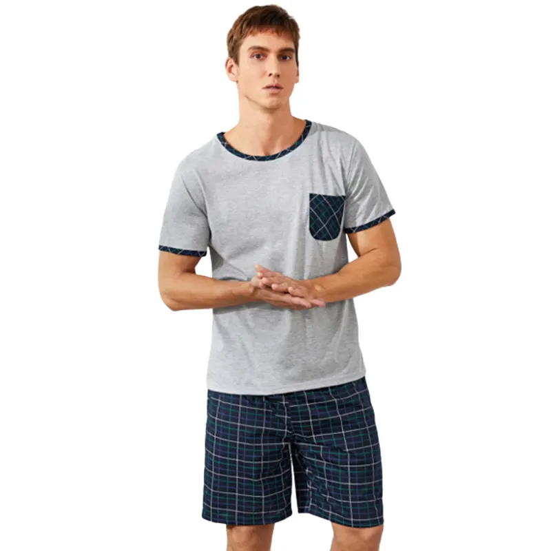 Mens Loungewear with Pocket Soft Cotton Pyjamas Summer Short Sleeve Homewear Skin-friendly Pajamas Casual Nightwear for Men