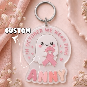 Porte-clés personnalisé en ruban <span class=keywords><strong>rose</strong></span> fantôme en acrylique avec inscription OCTOBER WE WEAR PINK, pour la sensibilisation au cancer du <span class=keywords><strong>sein</strong></span> et Halloween - Product Image 3