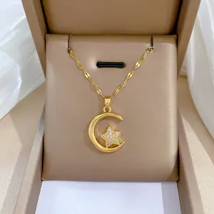 Trade assurance payments 18k gold plated stainless steel moon star necklace jewelry zircon star moon pendant necklace for women