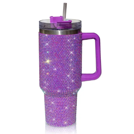 Thạch số lượng lớn bán buôn kim cương Mug tùy chỉnh chân không 40oz Tumbler với xử lý Leopard Rhinestone Tumbler Bling Cốc du lịch