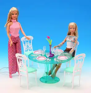 Toptan barbie mutfak mobilyası-Orijinal barbie yemek masası prenses mobilya mutfak aksesuarları 1/6 bjd bebek yemek masası seti sandalye minyatür