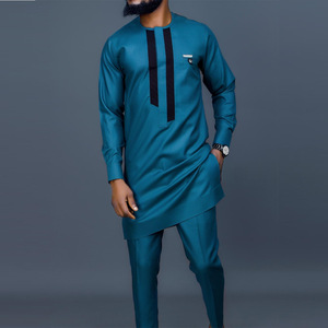 2026 African Ethnic Dashiki Men's Casual 2-Piece Long-Sleeved Solid Color <strong>Patchwork</strong> <strong>Shirt</strong> and Pants Suit - Product Image 1