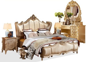 Champagne Color <strong>Antique</strong> Leather <strong>Bed</strong> French <strong>Style</strong> Hand Carved Bedroom Furniture Set European <strong>Bed</strong> - Product Image 5