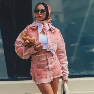 2024 New Winter Denim Two Piece Sets Women Turn Down Collar Long Sleeve Short Jackets And Double Pockets Mini Skirts Suit