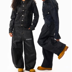 Custom Matching Outfit Tracksuit Baggy Wax Waxed Button <b>up</b> Jacket and Baggy Two Piece Heavyweight Waxed Wax <b>Jean</b> Denim Set Men - Product Image 1