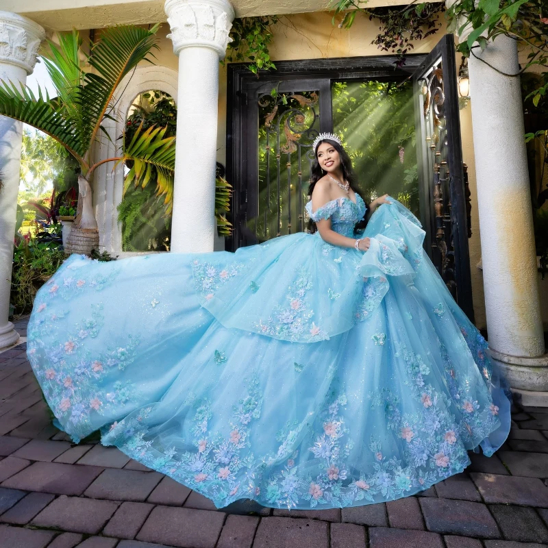 mexican 15 birthday dress Mumuleo Sky Blue Quinceanera 3D Floral Applique Beads Party Formal Sweet 16 Dress Vestidos XV Anos Can choose Please tell 65%RR Annie Polka Dot Satin Size:4-5 Years