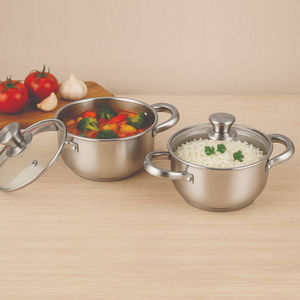 Juego de 2 cacerolas clásicas y duraderas de acero inoxidable encapsulado con tapas de vidrio y base de inducción - Product Image 2