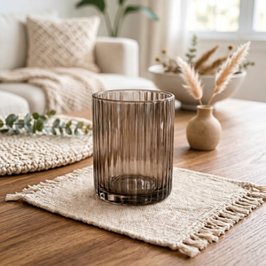 Portavelas Cilíndrico de Vidrio Ahumado Hecho a Mano con Diseño Acanalado de 4.5 Pulgadas, Decoración para Bodas y Hogar, Centro de Mesa - Product Image 1