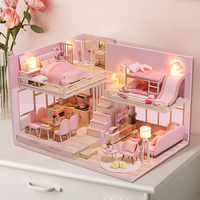 Kit de Casa de Muñecas de Madera Ensamblado a Mano, Casa de Muñecas Rosa con Tobogán y Luces LED, Miniatura de Casa de Muñecas, Regalo de Cumpleaños para Niñas