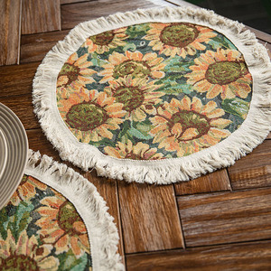 Haute qualité Style campagnard américain tournesol <span class=keywords><strong>Jacquard</strong></span> chemin de Table luxe frange Design Floral Textile tissu artisanat produit - Product Image 1