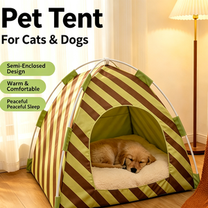 Striped Oxford Fabric Pet Tent <b>Bed</b> With Removable Faux Fur Pad For Dogs Indoor All Seasons Collapsible Design - Product Image 4