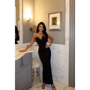 Robe de bal noire pour femme avec nœud, col dégagé, taille empire, courte ou longue, élégante et formelle pour invitées de mariage et soirées - Product Image 3