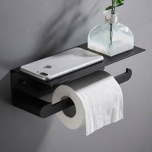 Porte-papier toilette multifonctionnel en acier inoxydable antirouille, support mural en métal noir adhésif pour hôtel, salle à manger, salle de bain - Product Image 2