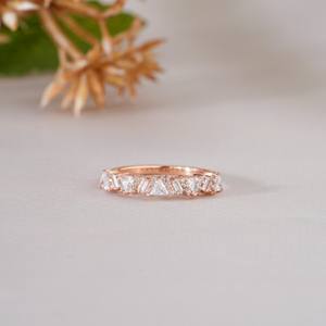 Geometric Trillion and Baguette Cut <b>Stacking</b> <b>Ring</b> Bold Anniversary Jewelry Gift Unique Rose Gold Moissanite Mosaic Wedding Band - Product Image 1