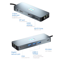 SYONG Station d'accueil 11 en 1 double moniteur, USB3.2, 100W PD, 4K60Hz HDMI, VGA, hub USB LAN 1000Mbps pour ordinateur portable/MacBook/tablette PC