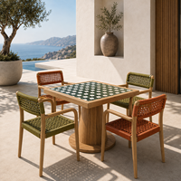 Ensemble de salle à manger moderne et confortable en teck pour l'extérieur, 4/6 places, table et chaises de patio/jardin avec sièges en corde tressée pour cour et appartement