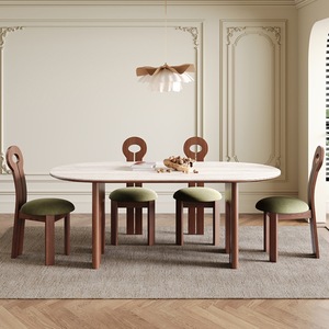 Solid Wood Oval Dining <b>Table</b> Travertine Slab <b>Walnut</b> Ash Wood Home Dining Room Furniture Stable Box Frame Structure - Product Image 2