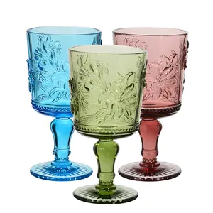 Samlife Wholesale Fancy Vintage Embossed Thick Stemware Glassware Clear Soda Lime Glass Water Goblets Wine Goblet Glasses