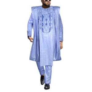 H & D African Men Clothing Set Light Blue Dashiki Embroidery Rich Bazin Agbada Outfit Long Sleeves Top and Long Pants