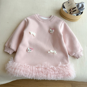 Girls Fleece Lined Sweatshirt <b>Dress</b> Long Sleeve Princess Style With <b>Ruffles</b> And Kitty Applique Autumn Winter Wear - Product Image 2