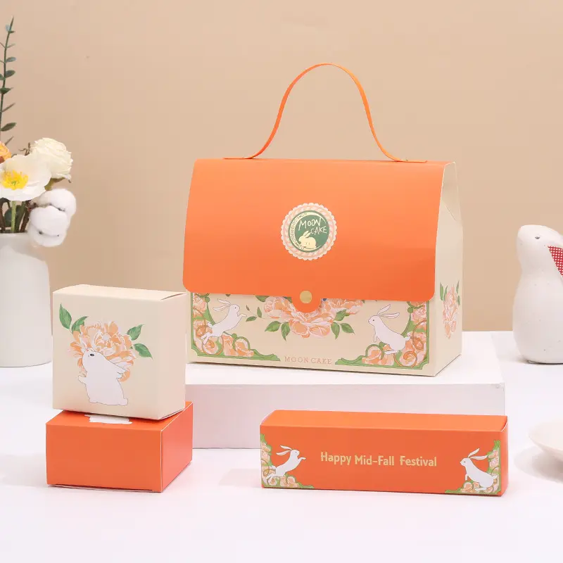 Caixa de embalagem de bolo metade de outono, caixa de presente de luxo premium com alça, laranja