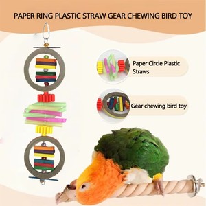 Jouet à mâcher multicouche pour oiseaux, double <span class=keywords><strong>anneau</strong></span> en papier, bloc en <span class=keywords><strong>bois</strong></span>, tube en plastique, jouet suspendu pour cage de perroquet - Product Image 6