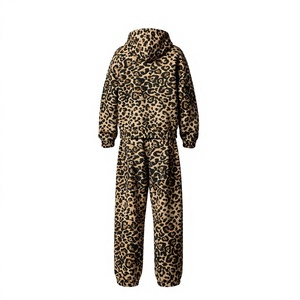 Unisex Eco-Friendly Winter Leopard Print Hooded Zip-Up Tracksuit Set with Long Sleeves and Pants Casual Outfit - Product Image 2