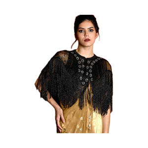 Black Beaded <b>Tassel</b> Embellished Cap Sleeve Women's Cape Empire Silhouette Party Style Dry Cleaning 100% Polyester Fashion - Product Image 1