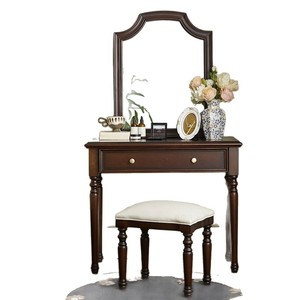Coiffeuse avec miroir et tabouret de 80 cm en bois massif acajou, style vintage français, avec rangement pour chambre à coucher - Product Image 5