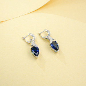 925 Sterling <b>Silver</b> <b>Drop</b> <b>Earrings</b> Pear Cut Lab Created Blue Sapphire with CZ Accents High Quality Gift - Product Image 2