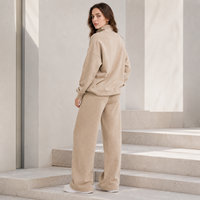 Conjunto de dos piezas para mujer: Sudadera de algodón polar color avena con cremallera de un cuarto y pantalón de chándal casual de cintura alta y pierna ancha.