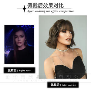 Style européen américain femmes <span class=keywords><strong>Bob</strong></span> cheveux courts bouclés vague d'eau imperméable fibre synthétique perruque frange petit 120% densité tout - Product Image 4