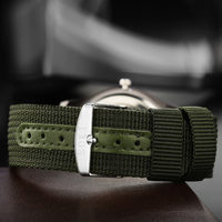 Montres à bracelet en nylon vert armée pour homme, mouvement analogique à date, aiguilles en verre, faible MOQ, livraison directe, prix abordable