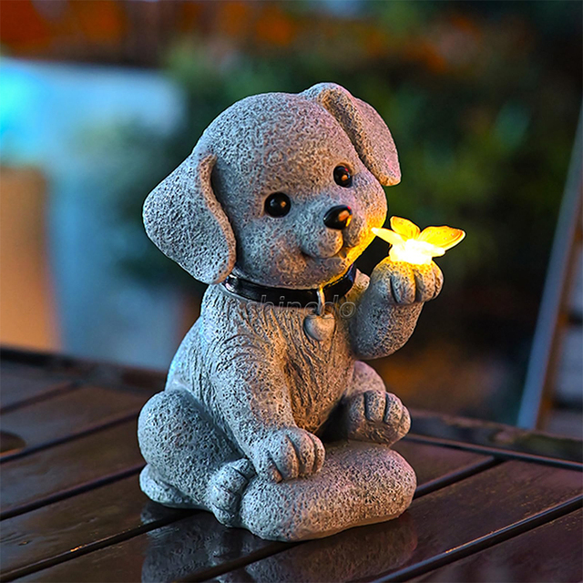 Solar Dog Statue With Led Butterfly Light Waterproof Courtyard Landscape Lawn Resin Outdoor Solar Lights for Garden Decor