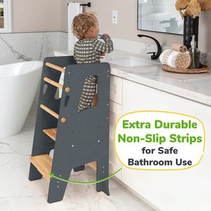 Wooden Toddler Standing Tower <strong>Kitchen</strong> Stool <strong>Helper</strong> - Upgraded Design with Safety Feet for Skill Learning - Gray - Product Image 3