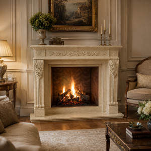 Traditional Marble <b>Fireplace</b> Mantel With Ornate Carving Super Cream Marfil Stone Indoor Wood Burning Hearth For Dining Room - Product Image 6