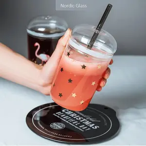 glaswerk drinken glas cover Suppliers-Creatieve Glazen Bekers Voor Koffie Drinkt Melk Water Cups Met Glazen Deksel En Glazen Stro