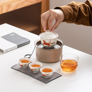 ชุดน้ำชาพกพาสำหรับเดินทาง ลายม้า ปีนักษัตร เหมาะสำหรับใช้ในรถยนต์ ชามมีฝาปิด ถ้วยชาเซรามิก ถ้วยสำหรับแขก ชุดกาน้ำชาหนึ่งใบ ถ้วยสามใบ - Product Image 2