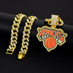 Colliers chaîne en bambou hip-hop en alliage incrusté de diamants, pendentifs de baseball avec logo d'équipe euro-américaine, vente chaude transfrontalière - Product Image 6