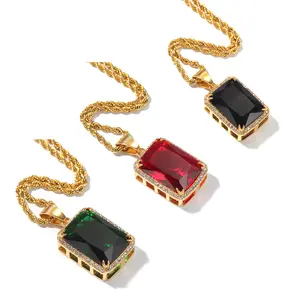 Handmade Stainless Steel Zircon Pendant Necklace for Women Fashion Gold Gemstone Jewelry with Red/Green/Black Gems Wholesale